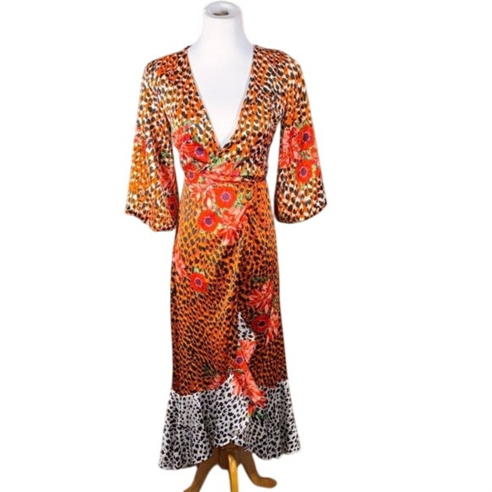 Liquorish Wrap Dress Womens 2 Animal Print Floral Bell Sleeve Ruffle Midi Orange